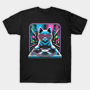 Retro Cat DJ Disco Rave Glow Party Music Funny Cat T-Shirt